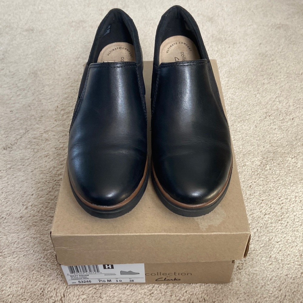 Black Clarks Wedge Slip-on Shoes - Style: Mazy Squarm
